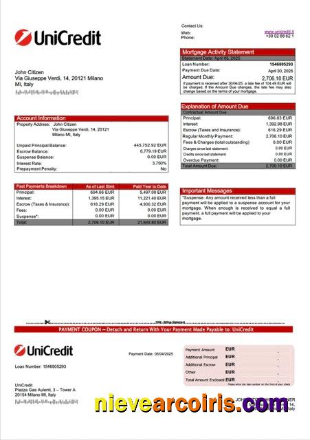 Italy UniCredit mortgage statement Word and PDF template
